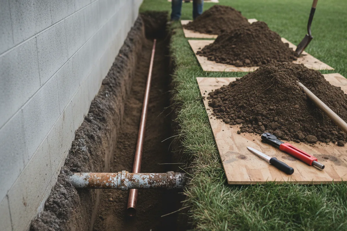 Excavated water line trench during Water Softener Installation in Sewell